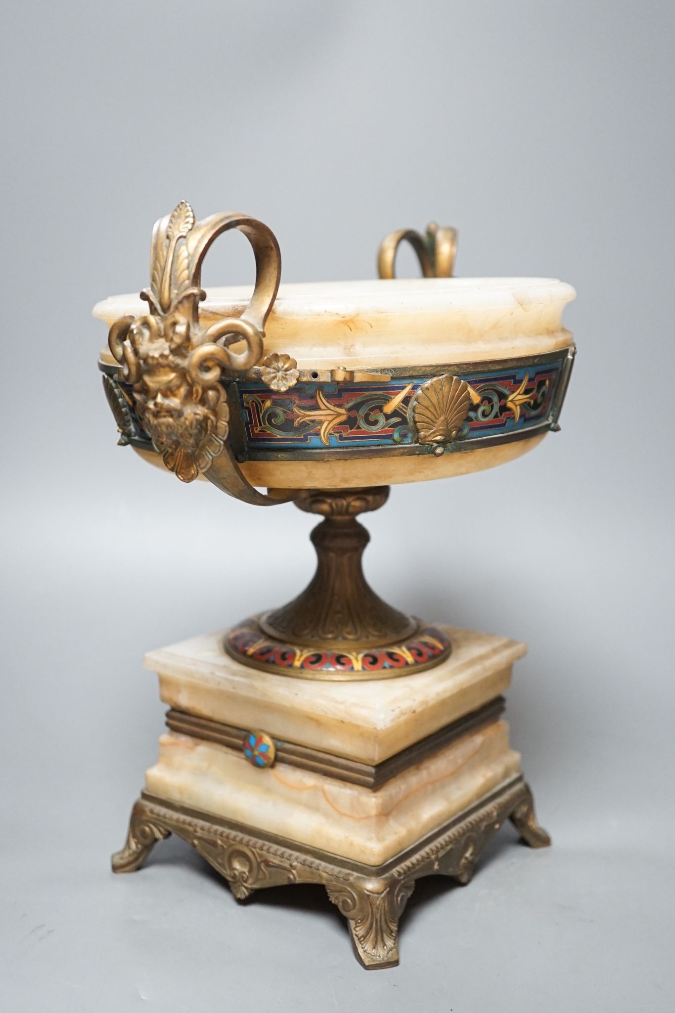 A late 19th century Barbedienne ormolu, champleve enamel and onyx centrepiece 30cm, engraved mark ‘F BARBEDIENNE’